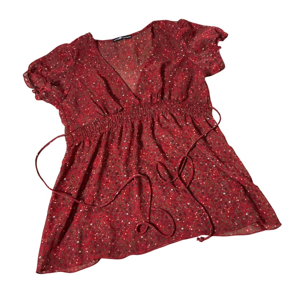 Love Squared Floral Babydoll Blouse Womens M Red Sheer V-Neck Empire Waist Top